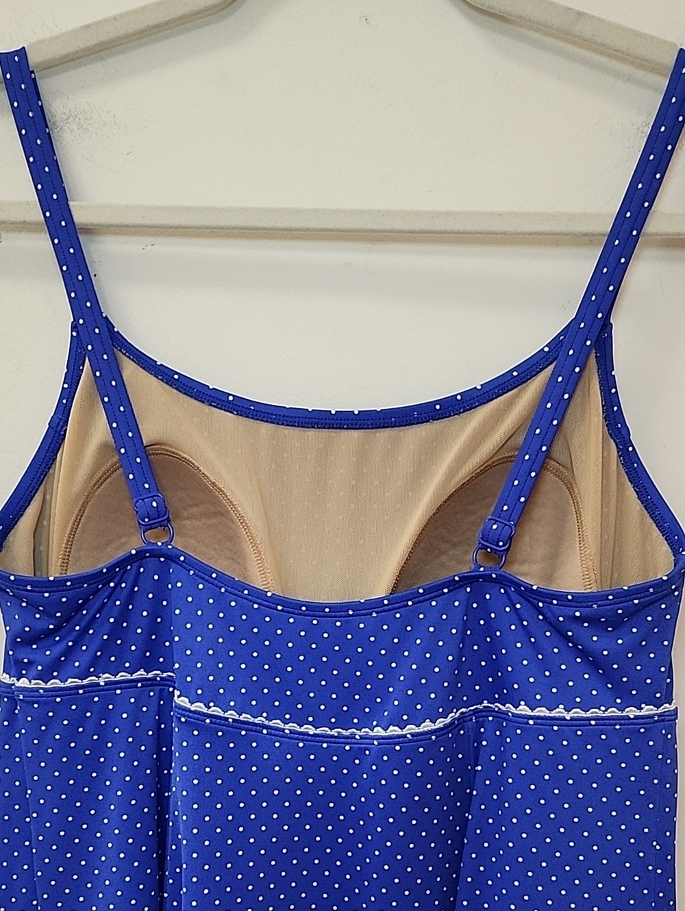 L.L. Bean One Piece Swimsuit Dress Long Polka Dot Blue White Size 14 - Picture 9 of 15